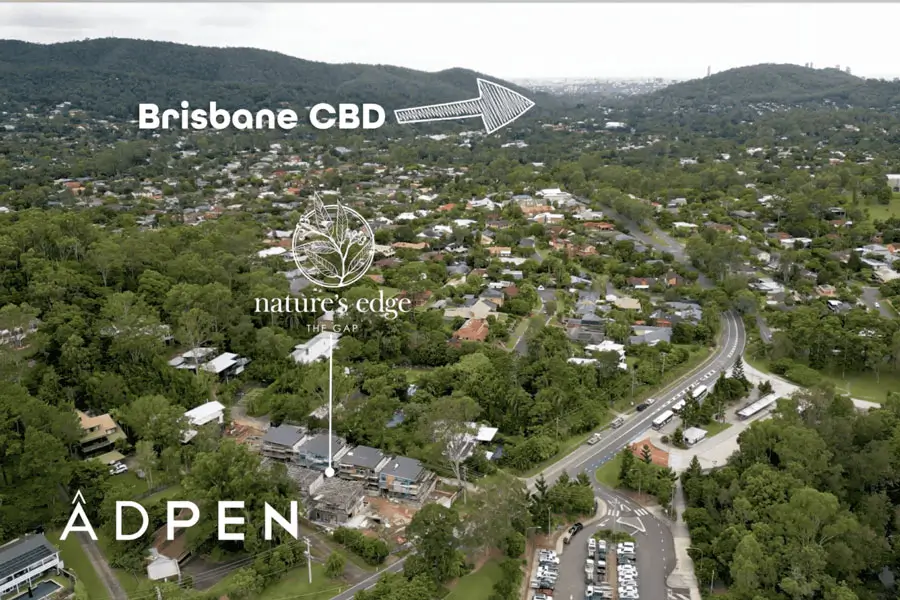 aerial view of nature's edge under construction and view towards Brisbane CBD